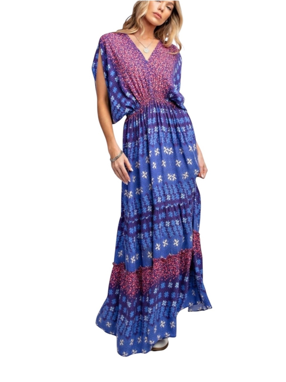 NWT Easel Blue and Pink Border Printed Rayon Challis Maxi Dress Size Medium